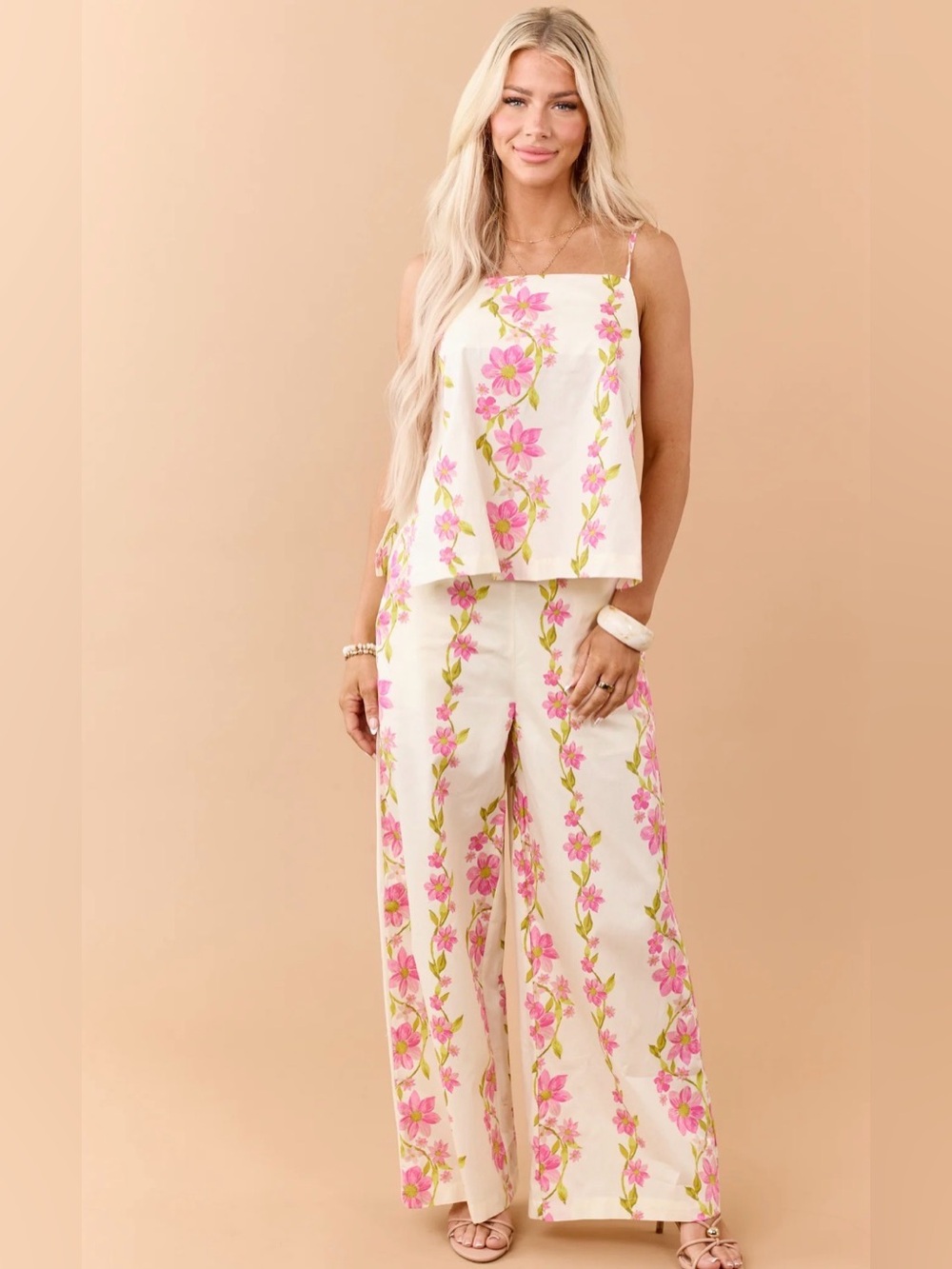 NWT HYFVE Wide Leg Apron Tank Set Delicate Blossom Floral Pink Green Ivory Small